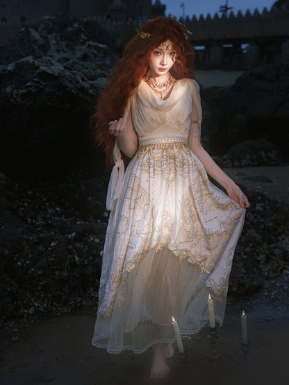 ネックライン ギリシャ風 スカート カウル ゴールド ジャンパー 天体地図 刺繍 ホワイト