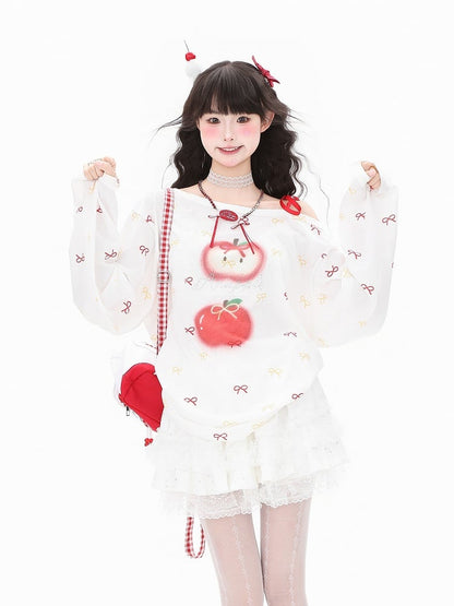 Top Long Bow Red/Green One-Shoulder Sleeve and Asymmetrical with