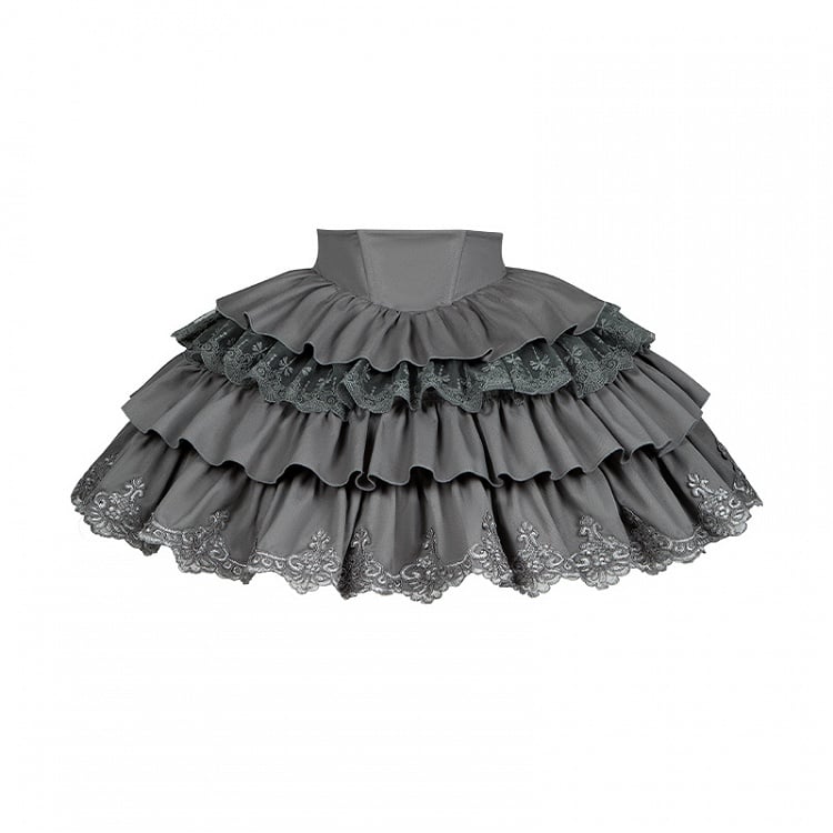 Gothic Lolita Full Set - Black Swallow Tail Long-Sleeve Top + Gray Tiered Skirt + Red Jabot Brooch