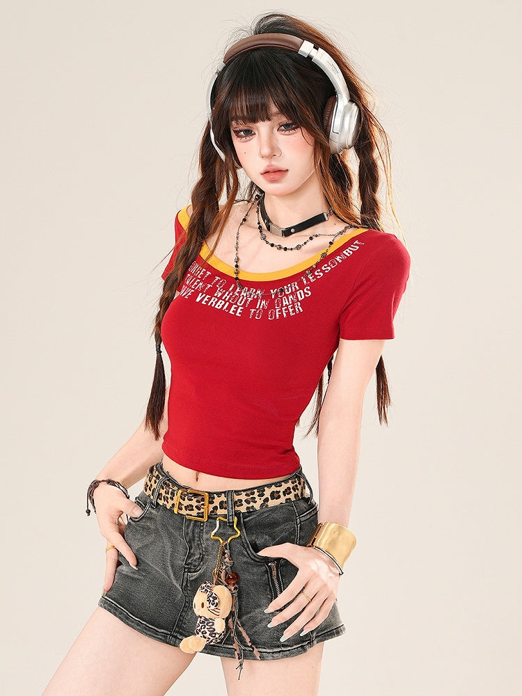 Neckline Asymmetrical Bittersweet Glamorous Letter Blue/Red