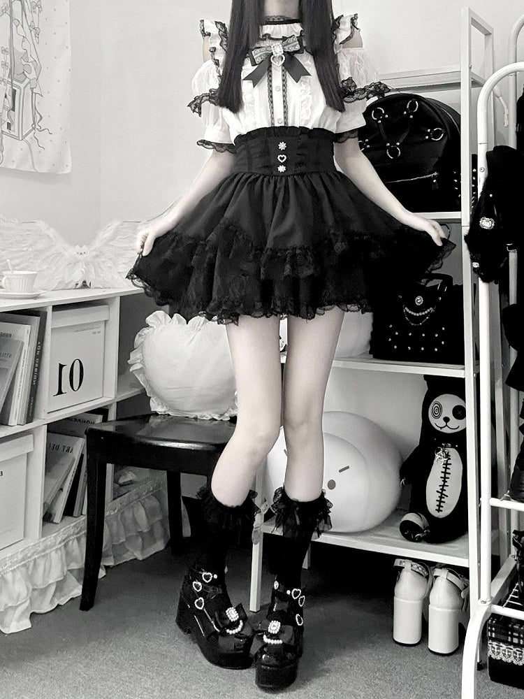Black & White Jirai-kei Cutout Shoulder Short Sleeve Top with Rhinestone Bow and Lace - Virtual Paradise