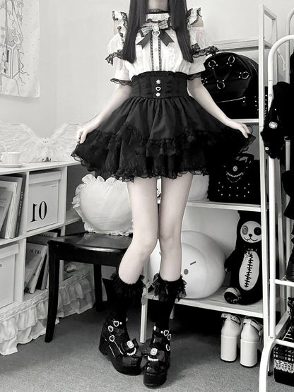 Black & White Jirai-kei Cutout Shoulder Short Sleeve Top with Rhinestone Bow and Lace - Virtual Paradise