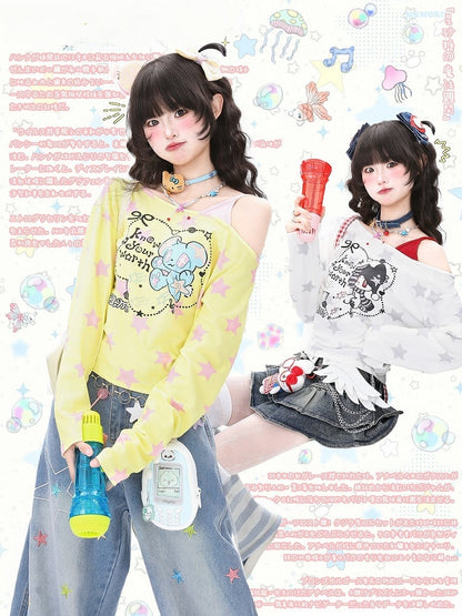 with Faux and White/Yellow Asymmetrical Two-Piece Top Cartoon One-Shoulder Star Print
