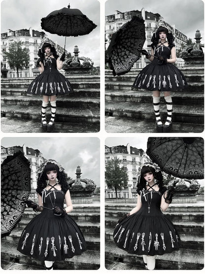 Cutlery Embroidered Short Sleeve Gothic OP Dress in Black with Halter Neckline - Vivian's Diary