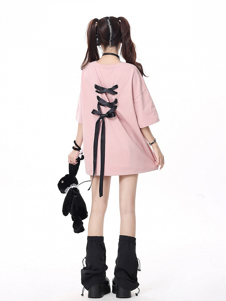 with Print Details T-shirt Bow Lacing Ribbons Pink Back Multi-Color