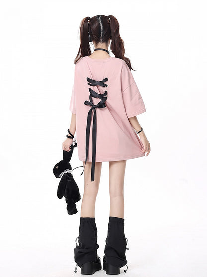 with Print Details T-shirt Bow Lacing Ribbons Pink Back Multi-Color