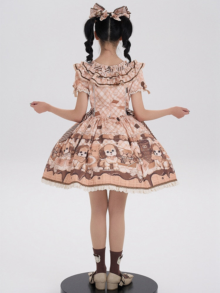 Süßes Lolita-Kleid mit kurzen Ärmeln und Welpen- und Keks-Print in Gelb