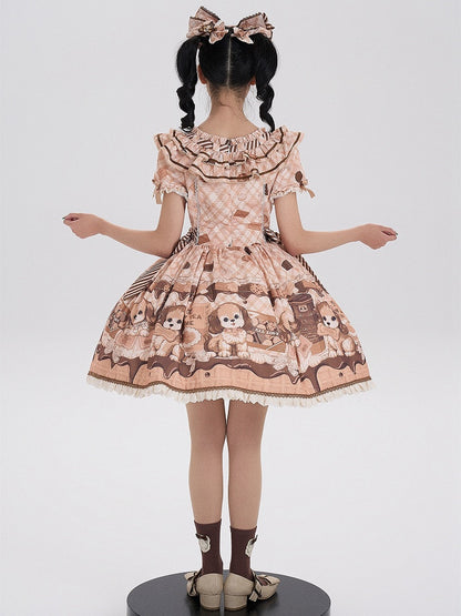 Süßes Lolita-Kleid mit kurzen Ärmeln und Welpen- und Keks-Print in Gelb
