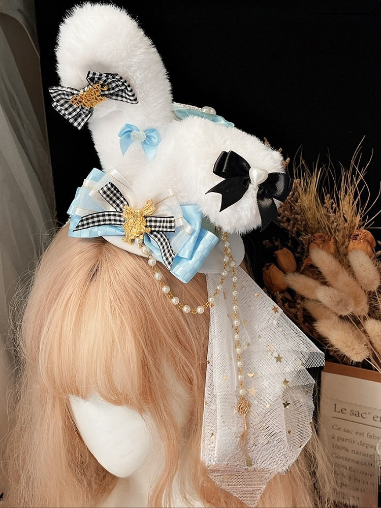 White&Blue Alice in Wonderland Vibes Plushie Bunny Ears Mini Hat KC