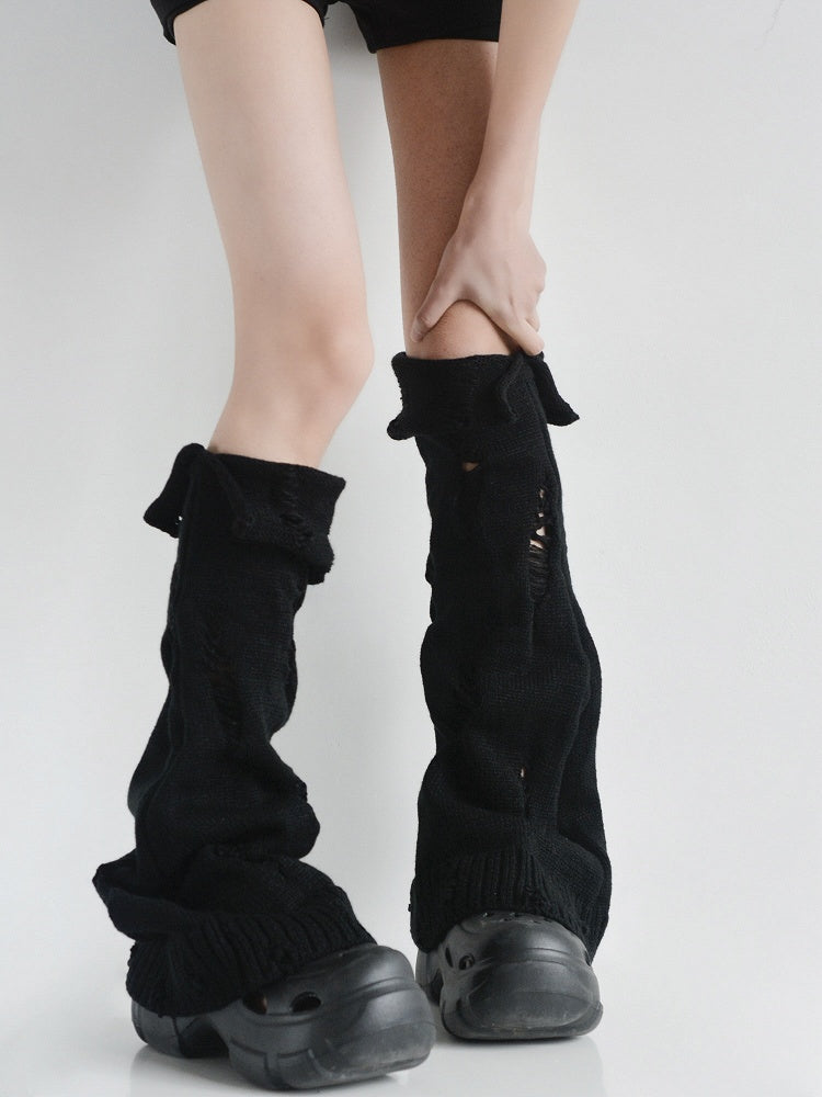 Y2K Knitted Flared Warmers Distressed Black/White/Gray Cuffed Leg