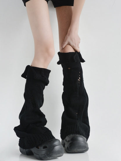 Y2K Knitted Flared Warmers Distressed Black/White/Gray Cuffed Leg