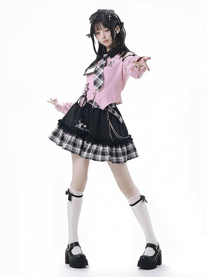 Top: with Idol Bittersweet Open Buckles Star Shirt Pink Punk Shoulder Core Fashion