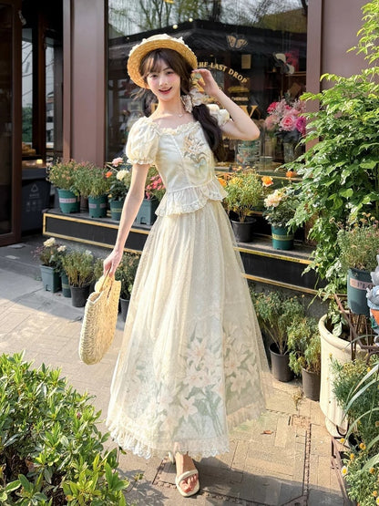 Beige Square Ruffled Blouse Trim Neckline Puff Sleeves Lily Embroidery Lace