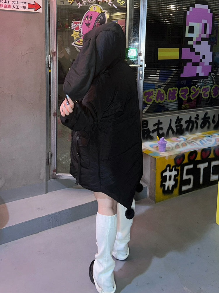 Pufferjacke mit Kapuze und Ohren, Übergröße, Hase, Schwarz