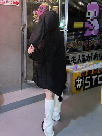 Pufferjacke mit Kapuze und Ohren, Übergröße, Hase, Schwarz