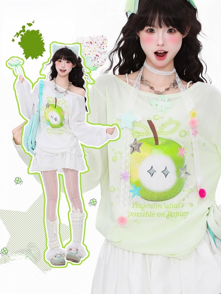 Green/White Breathable Long-Sleeve Top with Green Apple Print
