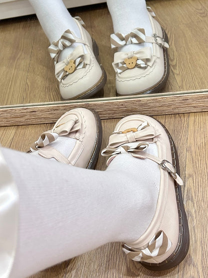 Pattern PU Details Off-white 2cm - Striped Shoes Bow Lolita Bear