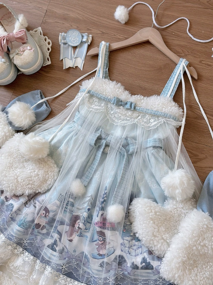 Sweet Winter High Waist Lolita JSK with Blue Penguin Print - Lineall Cat