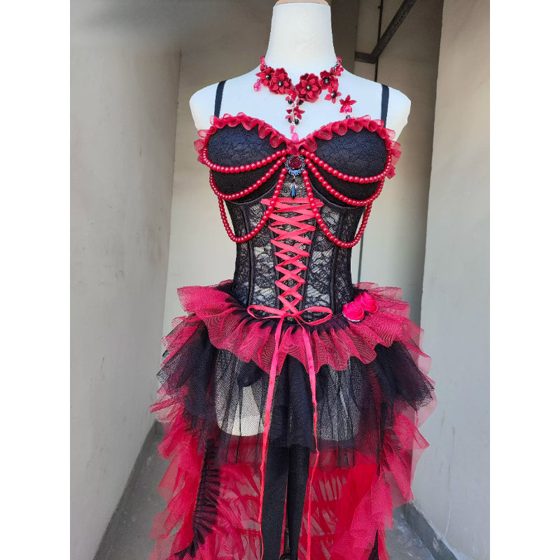 Dark Punk Gothic Black and Red Beaded Lace Irregular Camisole Dress