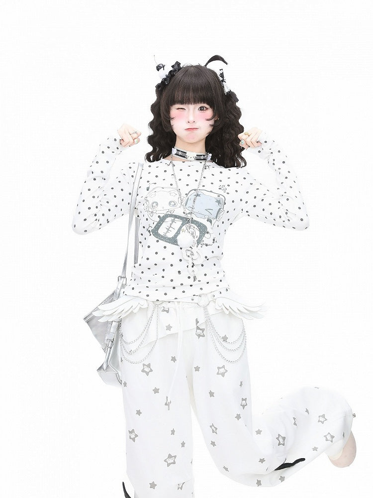 Y2K White Polka Dot & Cartoon Print Long Sleeve Tee, Size S - Languid Park