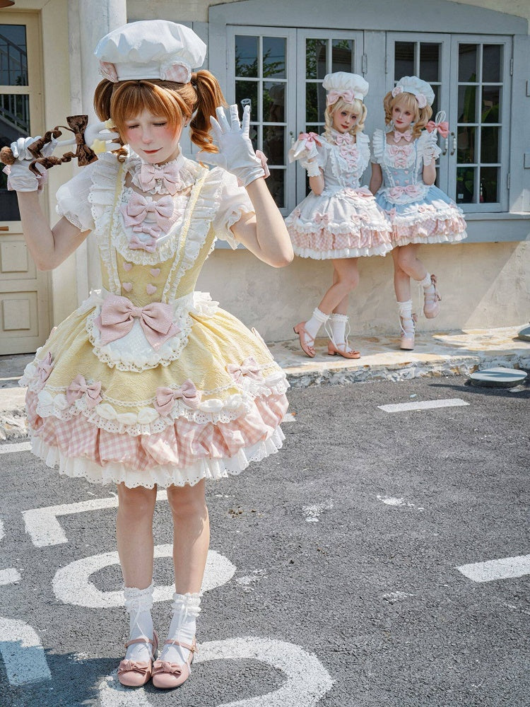 Light Yellow Pastry Chef Theme Bow Lace Trim Short Sleeve Lolita OP with Plaid - Asleep Townlet