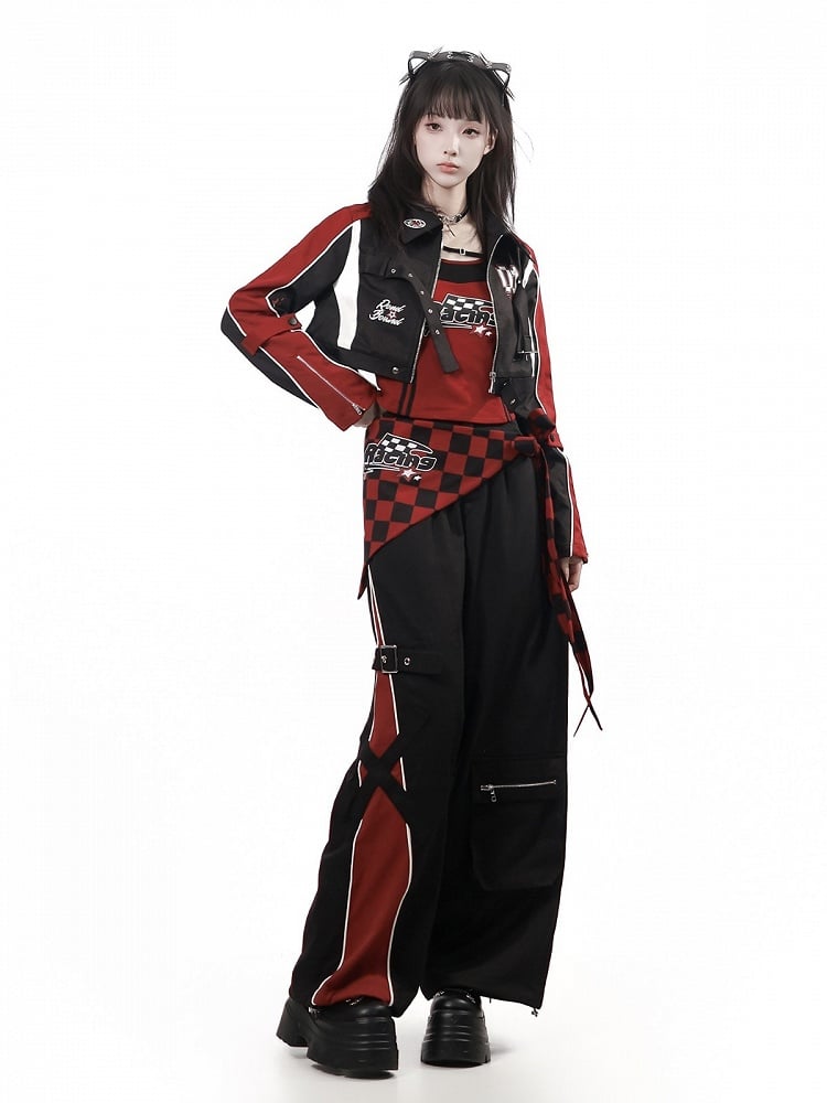 Flag-Printed Checkered Overlay in Red & Black - PINK SAVIOR