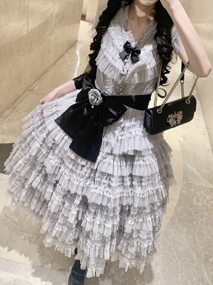 Elegant Waist + Cotton Skirt Tulle Lolita Vest Set Multi-layered Mesh Classic Gray Belt Dotted -