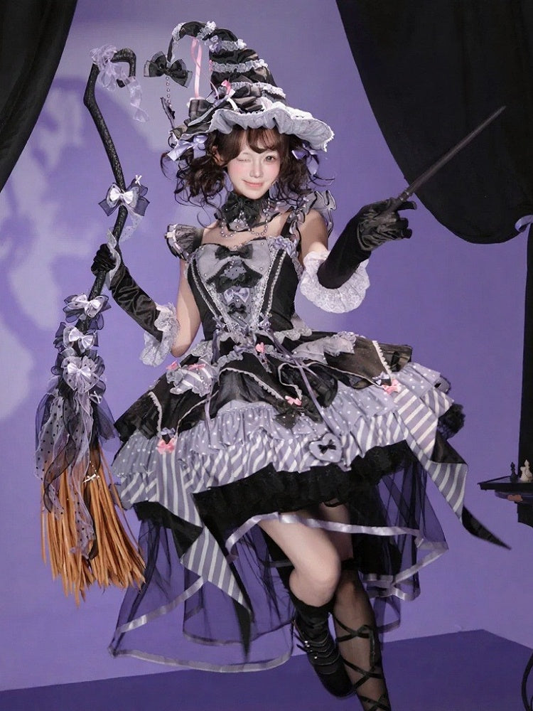 Layered Heart Ribbon Bow Accent Magic Witch Jumper Skirt Dress in Black & Purple - SheepBallad