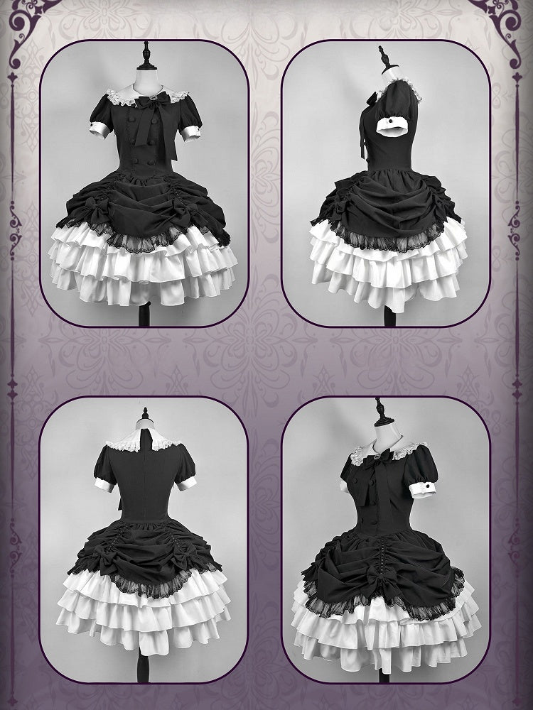 and Asymmetrical Dress Black Lolita Peter Pan White Skirt Tiered Gothic Sleeves Collar Short