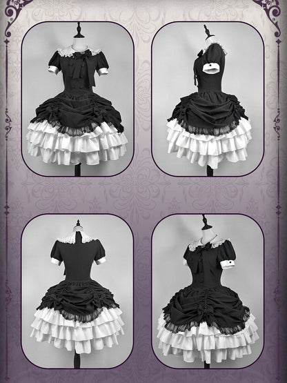 and Asymmetrical Dress Black Lolita Peter Pan White Skirt Tiered Gothic Sleeves Collar Short