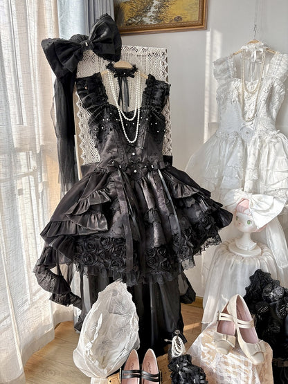 Jacquard Waist Blooming Lolita Basque Flower Accents Lace Hime Black Layered Fluffy Dress with