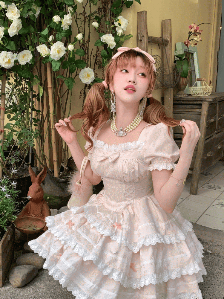 Sweet Waist Pink Ruffle Skirt Basque Triple-Tiered Lace-Up and with Sleeves Dress Puff