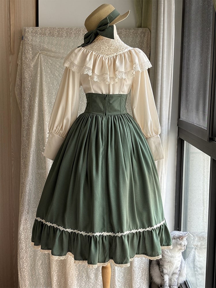 Green Boned High Waist Elegant Classic Lolita Skirt with Lace Trim