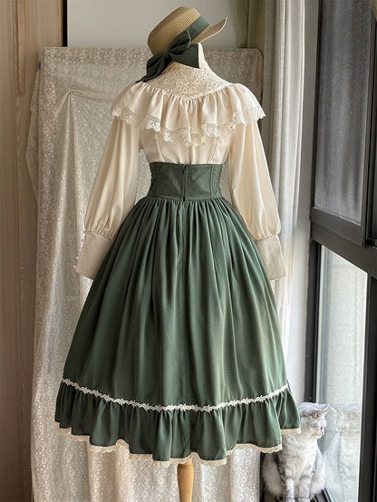 Green Boned High Waist Elegant Classic Lolita Skirt with Lace Trim