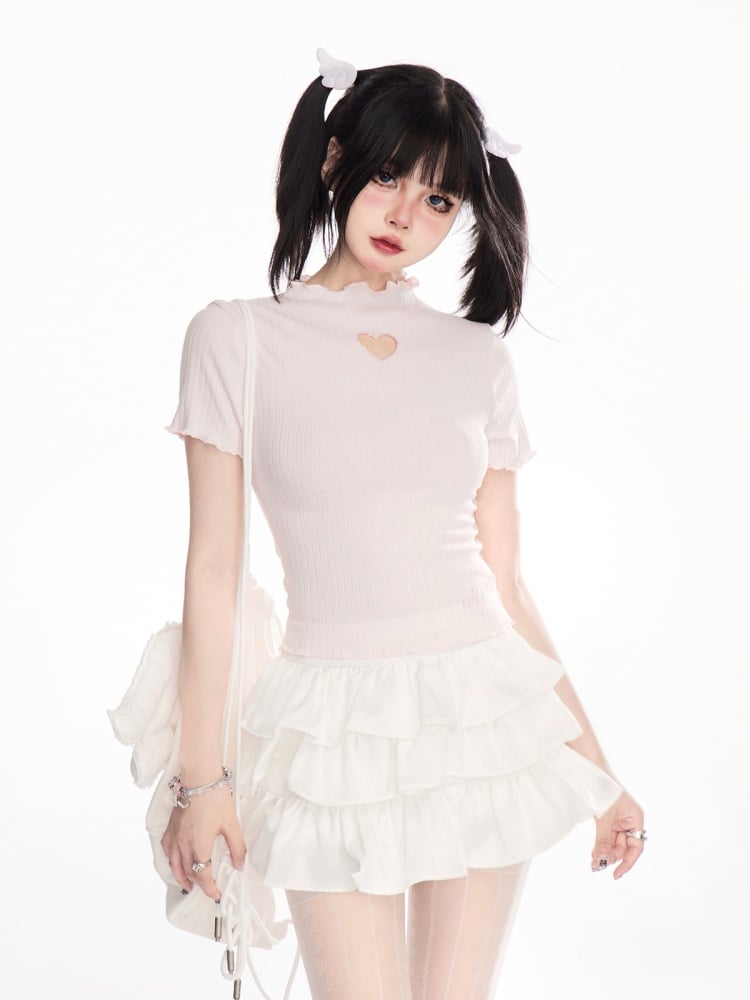 Heart-shaped Cutout Lettuce Hem T-Shirt Pink Mock Neck