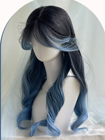 Color Ombre Blue Wavy and Black With Wigs 65cm Hair Long Air