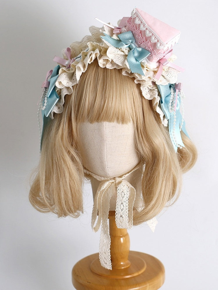 Bowknot Ruffled Beaded Sweet Lolita Hairband Details PinkBlue Decorated
