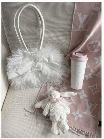 Elegant White Fluffy Bowknot Shoulder Bag - Lalacita