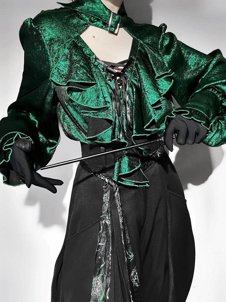 Pirate Bodice Long Cascading Shirt Ruffle Sleeves Green Ouji Lolita Vibes