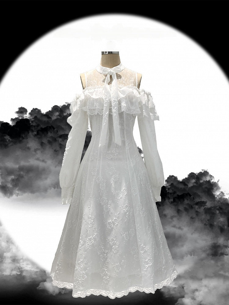 Cutout with Bow Lace Ruffled Shoulder Dress Rose Jirai and Jacquard White Long-Sleeve Kei