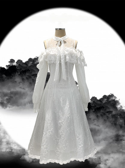 Cutout with Bow Lace Ruffled Shoulder Dress Rose Jirai and Jacquard White Long-Sleeve Kei