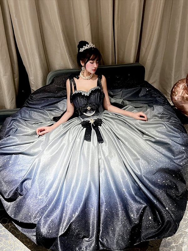 きらめく星空の夜空グラデーションブルーのゴージャスなバースデードレス、プロムドレス