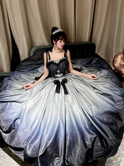 きらめく星空の夜空グラデーションブルーのゴージャスなバースデードレス、プロムドレス