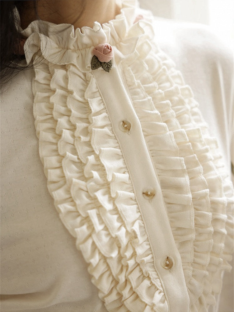 ミルクホワイト/カーキ ヴィンテージフローラルフリルトリムブラウス