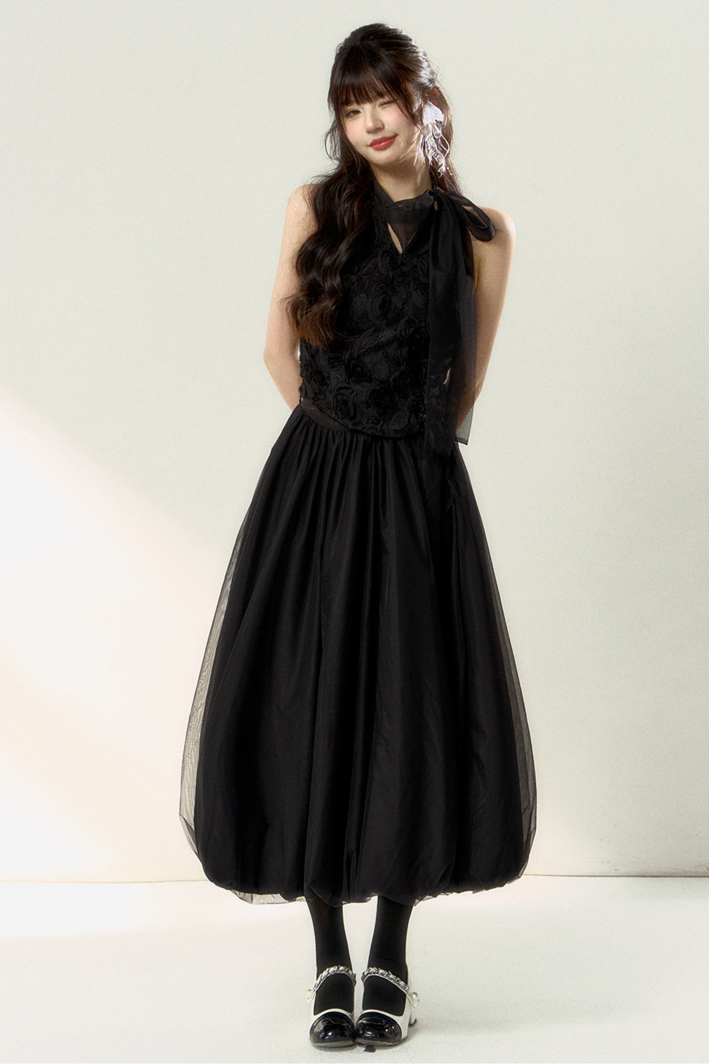 ロング丈＆スイートなノースリーブショートフラワーフレンチスカートバルーントップ