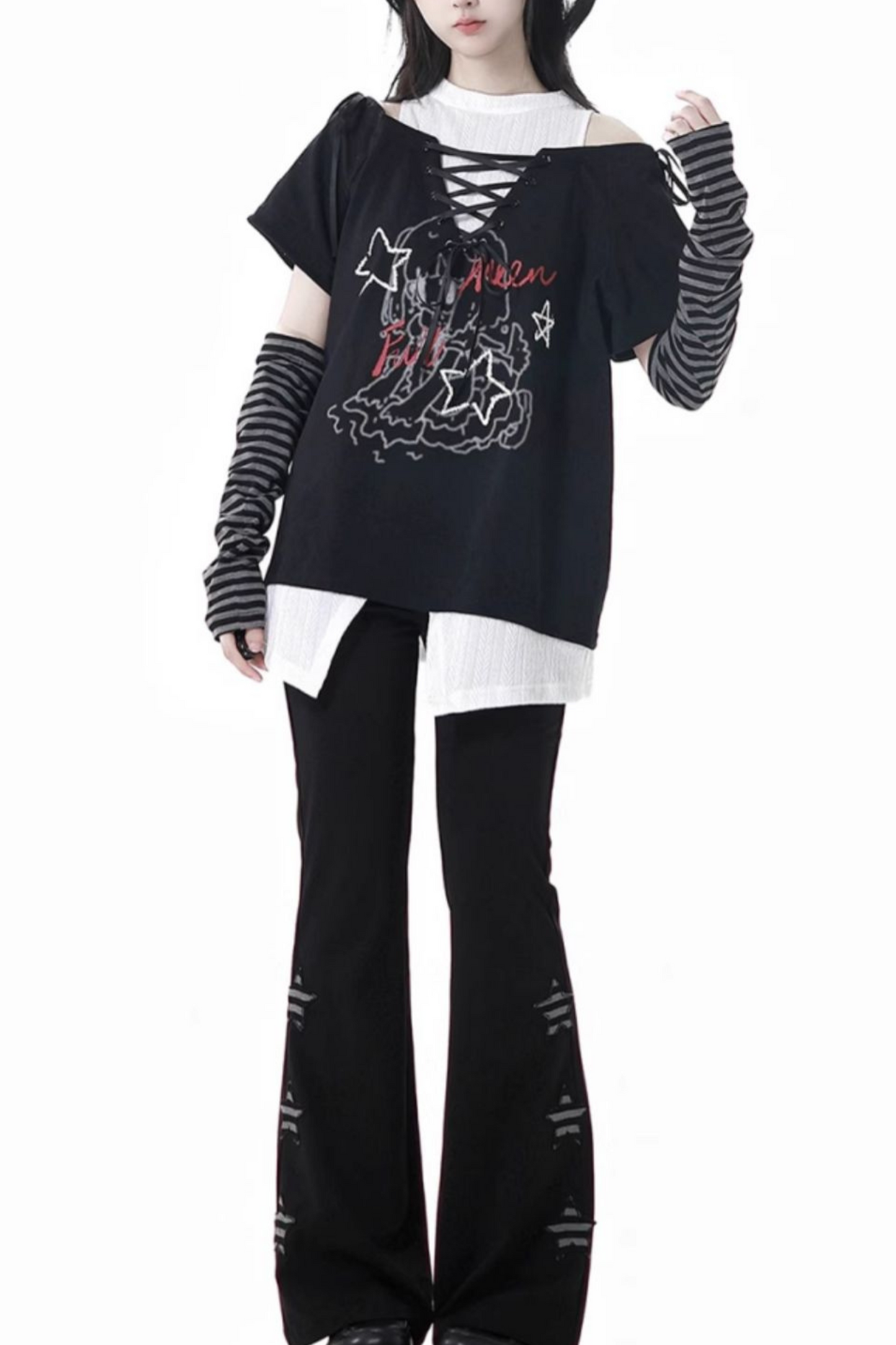 Schlaghose mit Schnürung Illustriertes Top Subculture + Girl