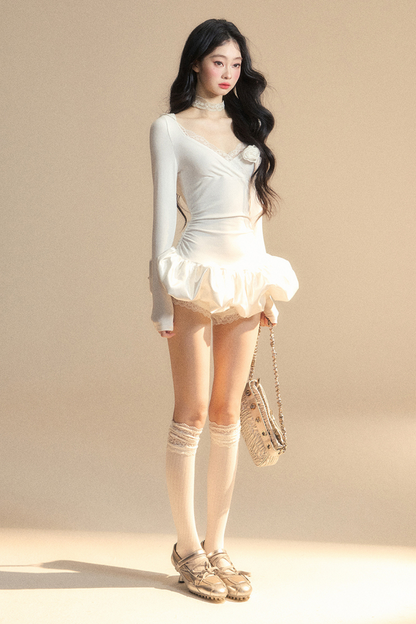 Ballon-Kurzes Spitzenkleid mit Kapuze und Ballettkern