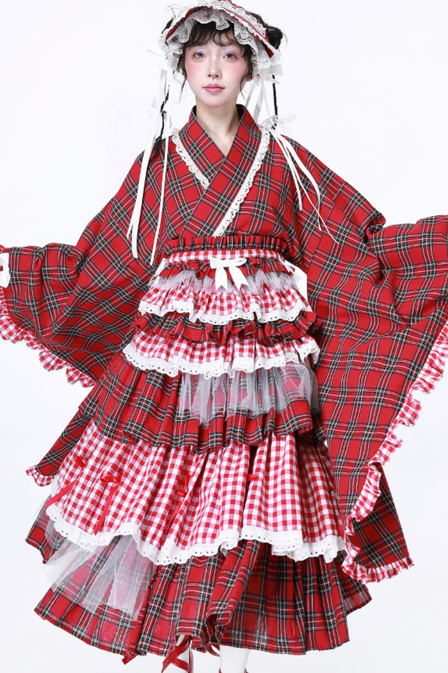 Schicker Kimono Rot Karierter Rock Retro