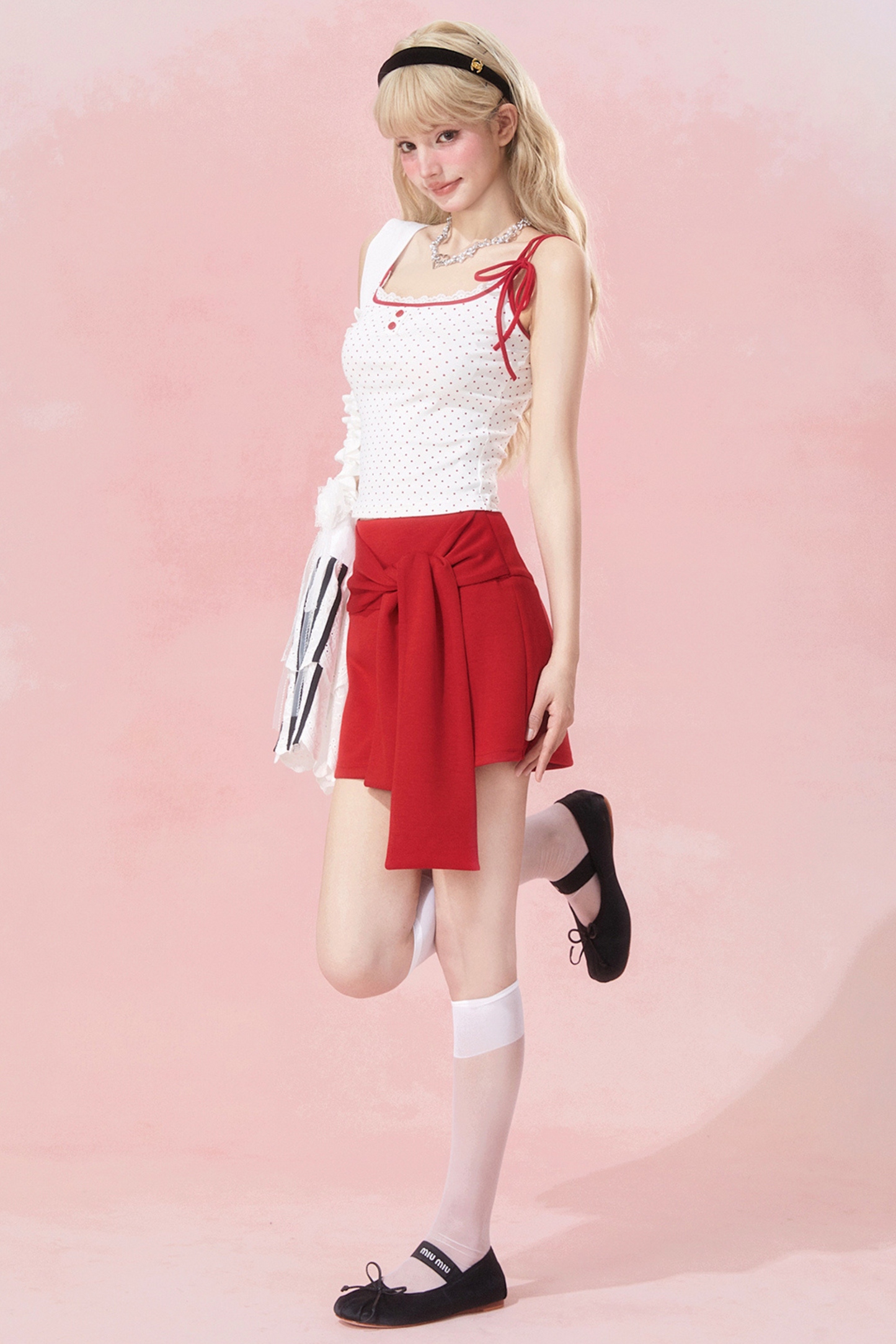 リボンスリムキャミソールドット+スカート