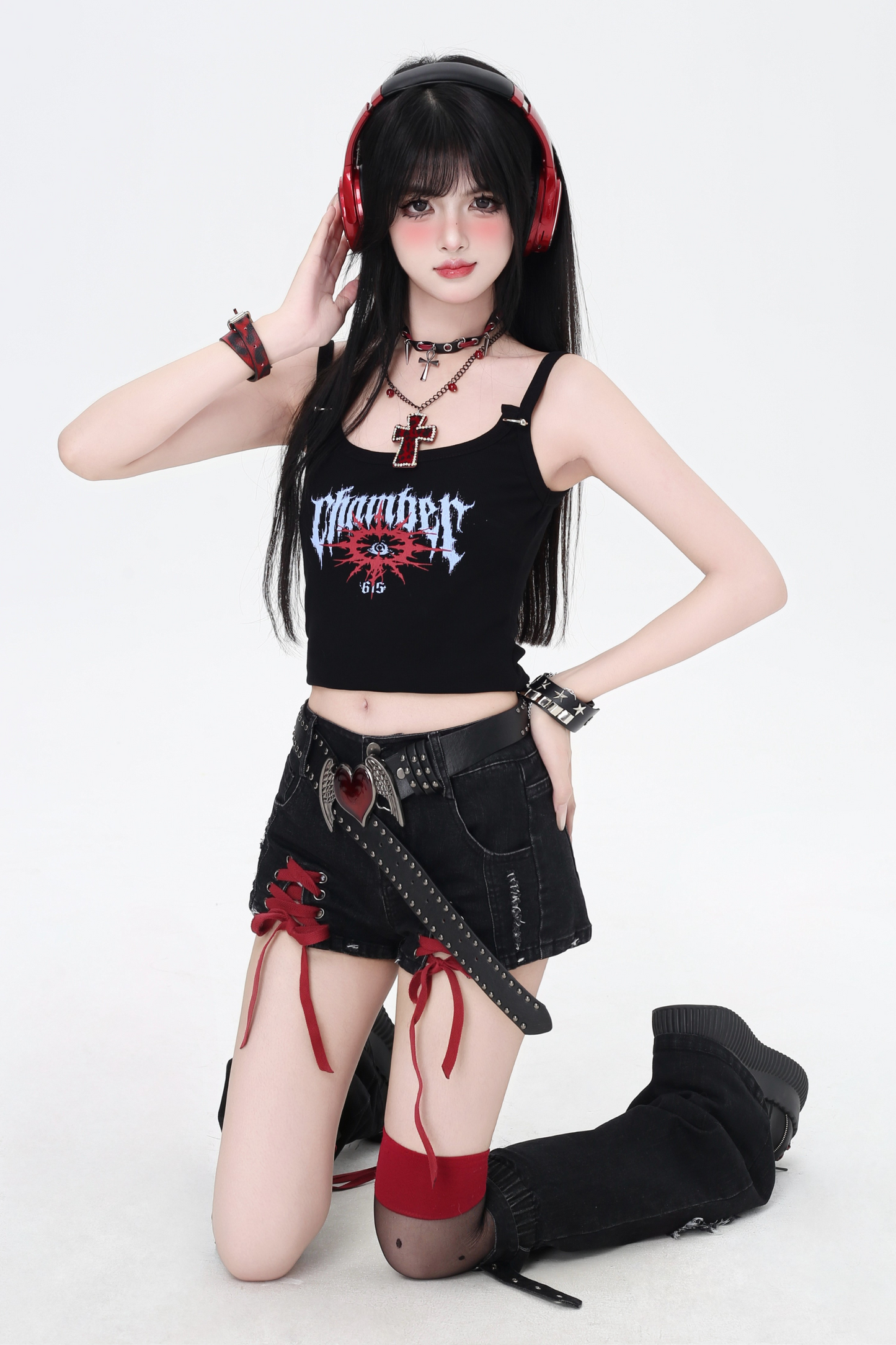 ショートパンツ カラーリボン デニム レースアップ